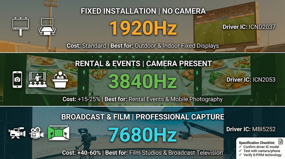 LED Refresh Rate Application Scenario Decision Guide Diagram LED Refresh Rate Application Scenario Decision Guide Diagram
